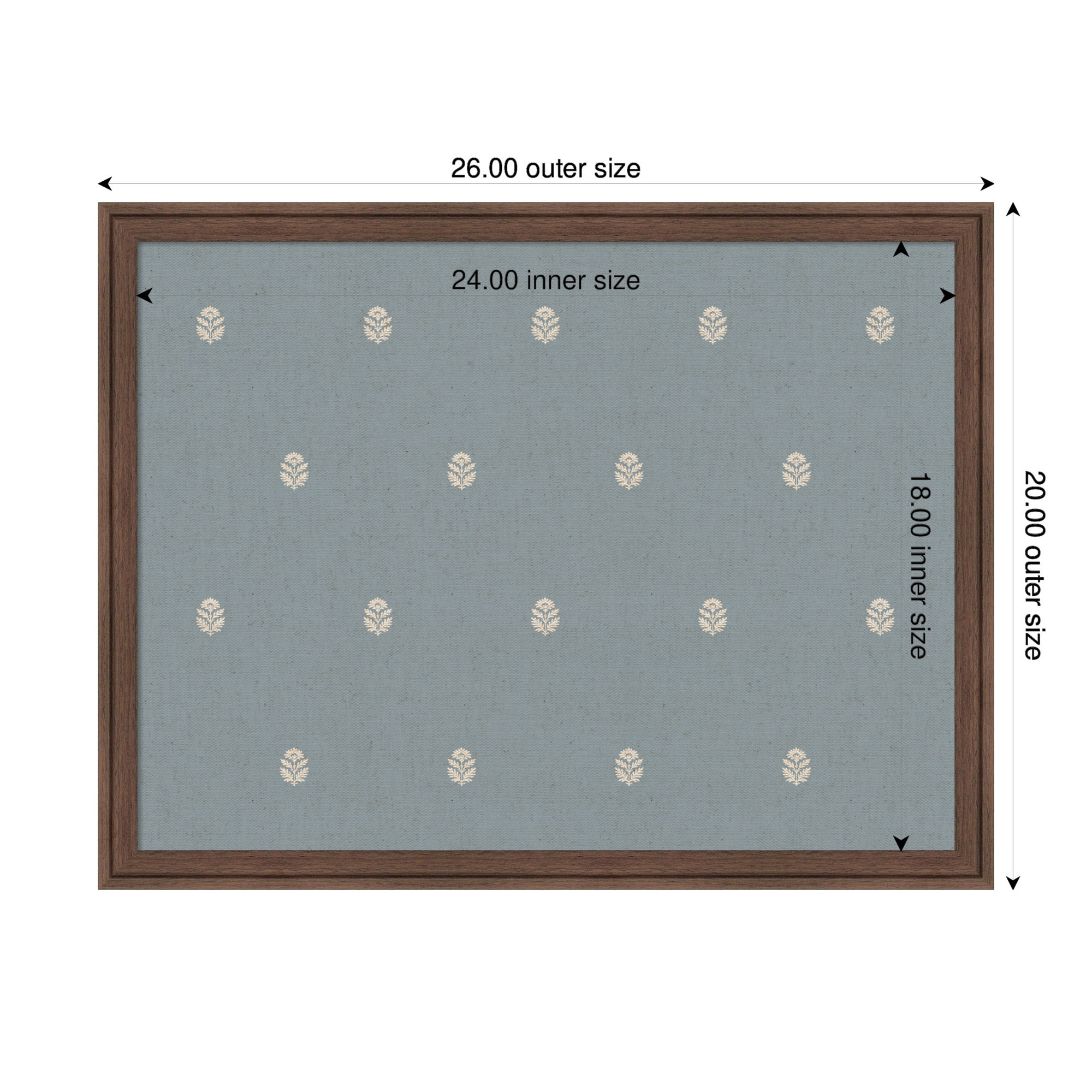 Kate and Laurel Framed Fabric Pinboard 26 x 20, Blue Botanical Block Print Printed Linen Classic Bulletin Board for Use as a Vision Board or Wall Organization, Florence Medium Brown Frame