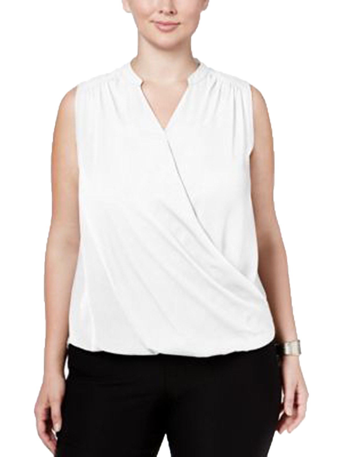 INC Women's Plus Sleeveless Surplice Blouse 1x Washed White