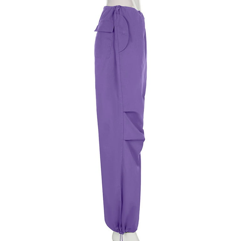 Hanas Women Loose Cargo Pants Hip Hop Sports Pants Drawstring Loose Wide  Leg Casual Pants (Purple, S)