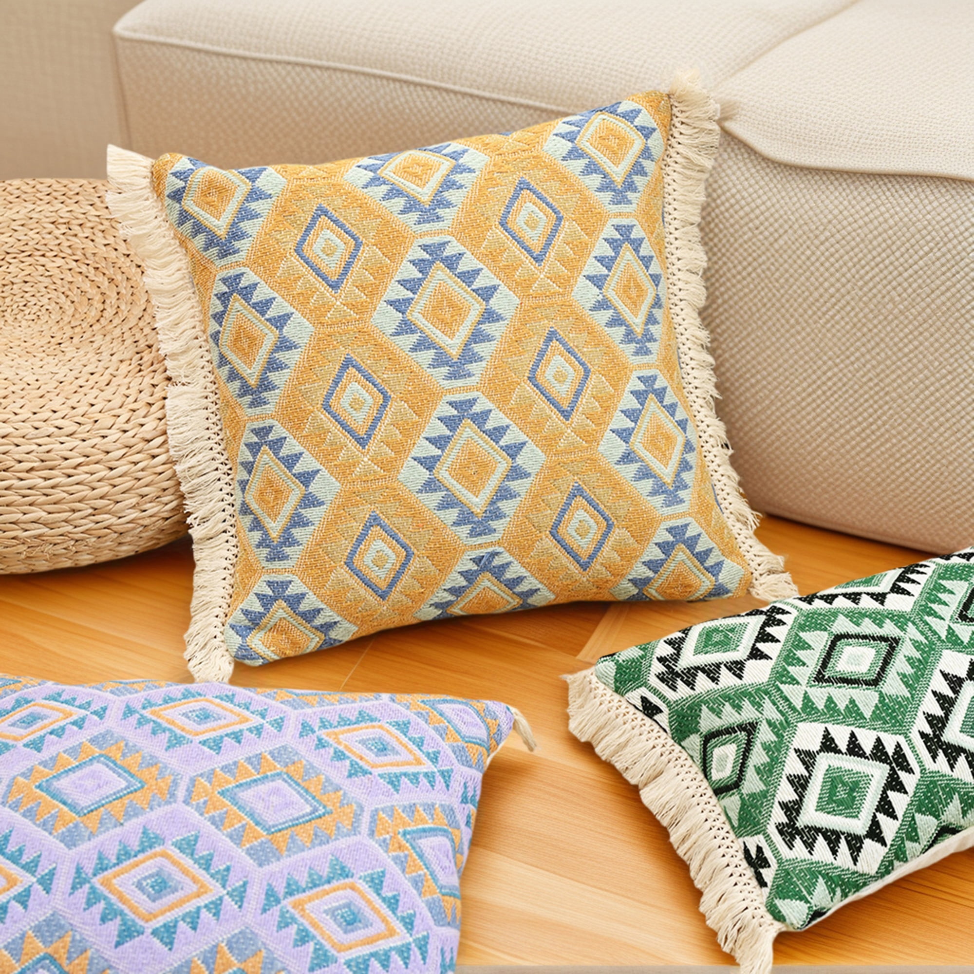 Unique Bargains Boho Throw Pillow Covers Geometric Pattern Cushion Cases 20" x 12" Yellow