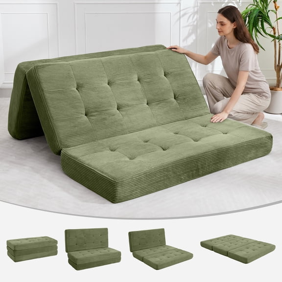Tri-Fold Memory Foam Sofa Bed - 6" Tufted Folding Mattress, Corduroy Cover, Portable Twin Guest Bed for Adults, RV, Camping (39"x75")