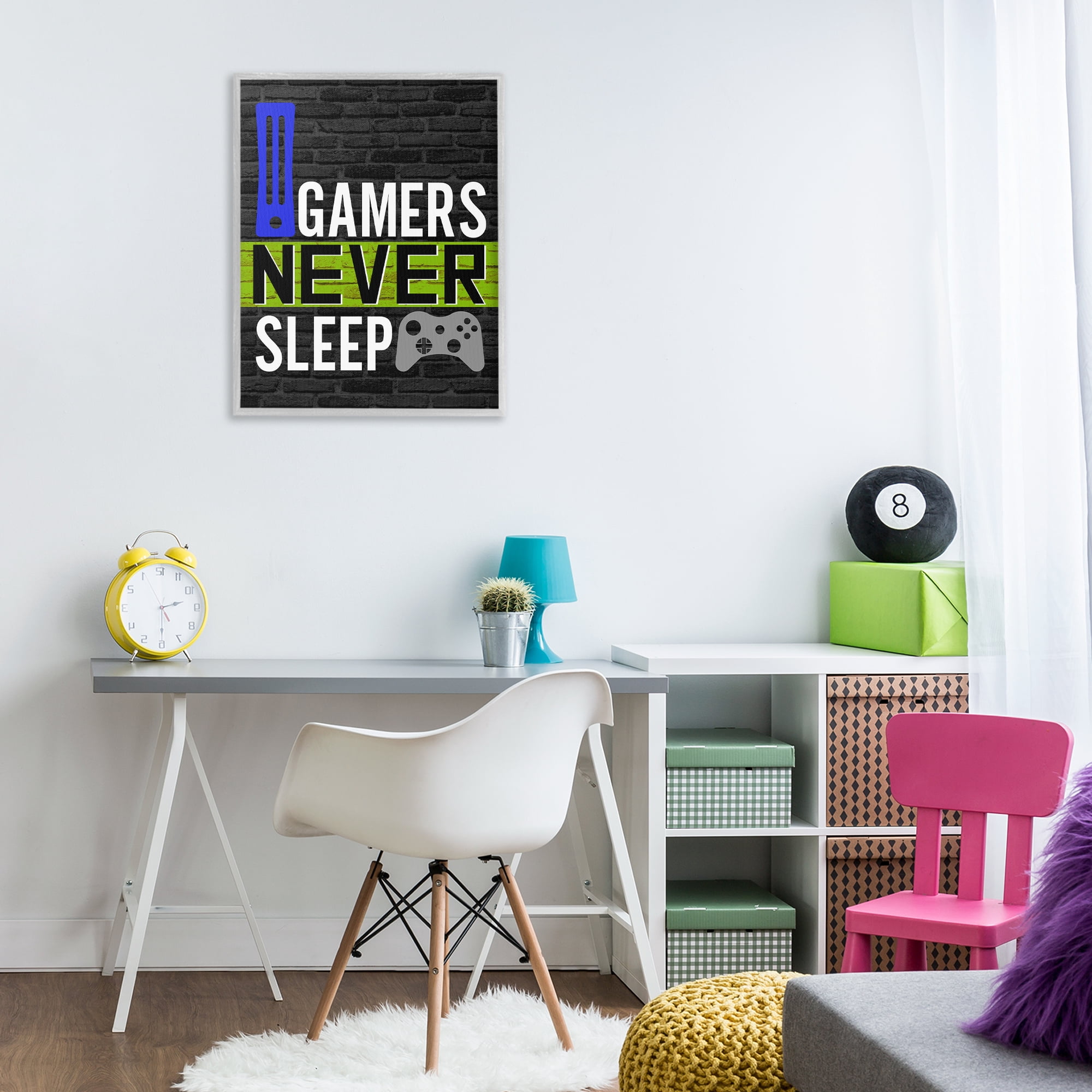 Stupell Industries Gamers Never Sleep Typography Painting Gray Framed Art Print Wall Art, 24 x 30