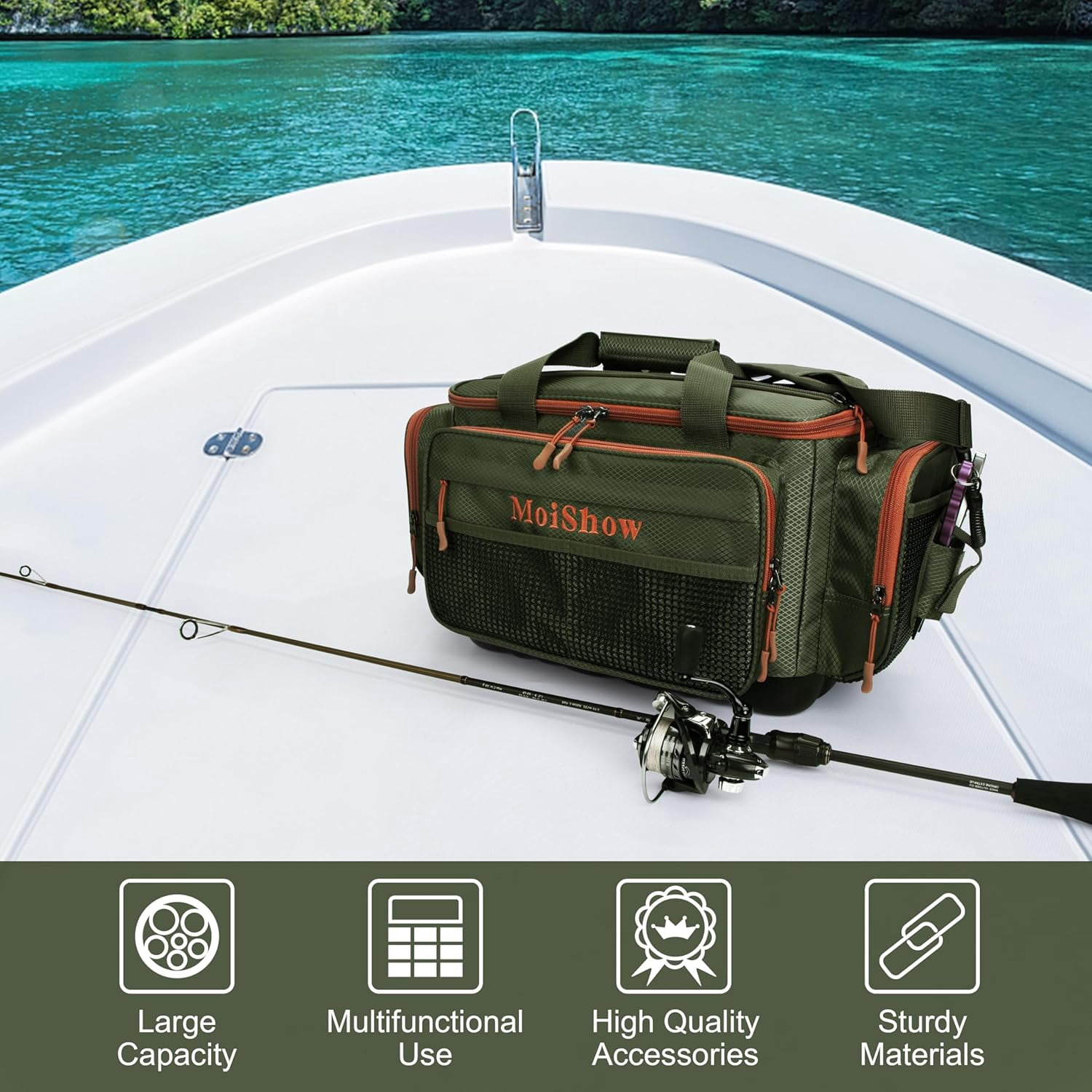 MoiShow Fishing Tackle Box Bag Large Storage for Saltwater Freshwater with Waterproof Bottom and Padded Strap