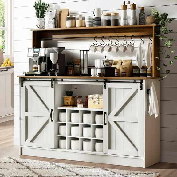 DreamCurship 55" Farmhouse Coffee Bar Cabinet, Buffet Sideboard Storage Cabinet, Wine Bar Cabinet with Wine Rack, White