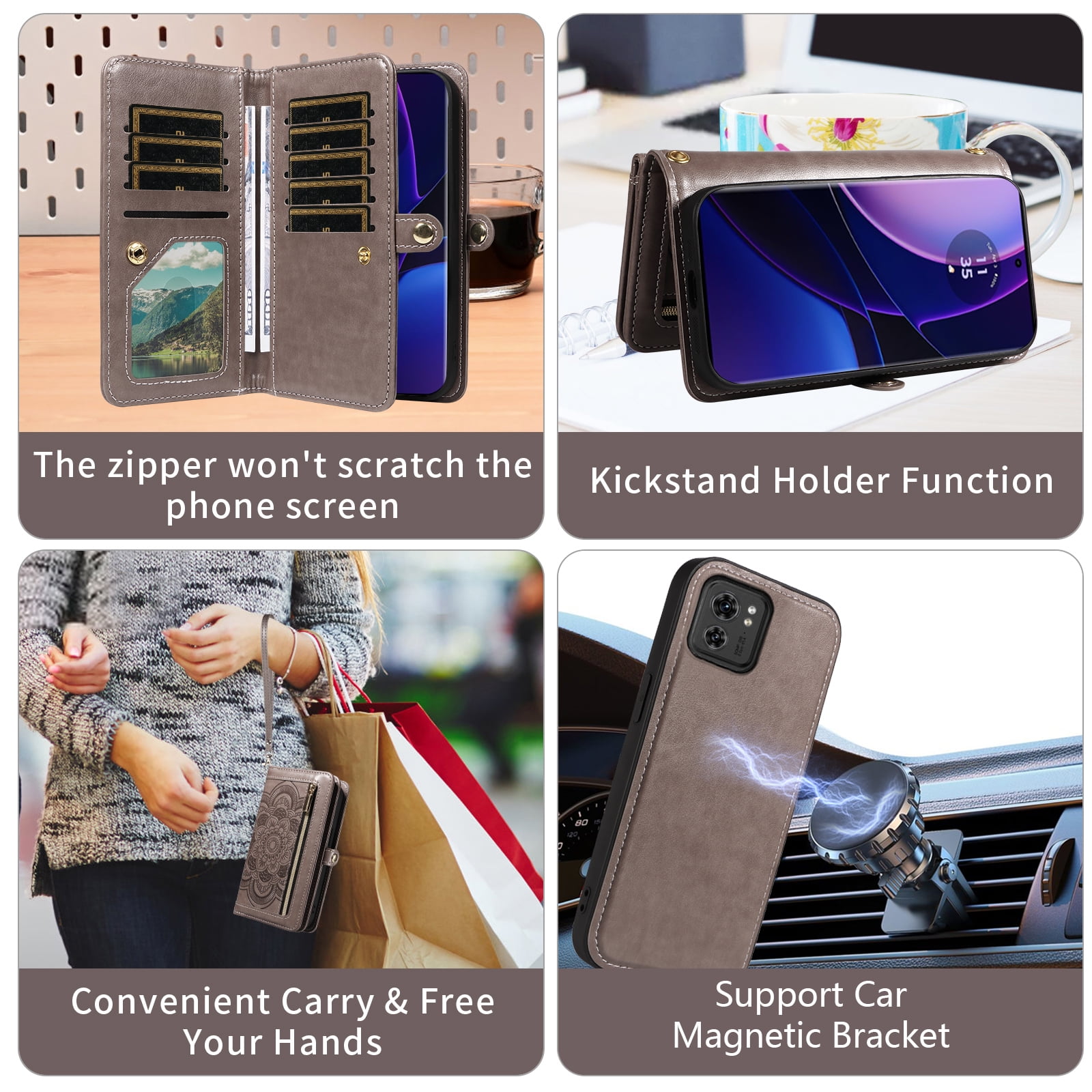 Asuwish Phone Case for Motorola Edge 2023/Edge 40 5G Zipper Wallet Detachable Cell Cover with Tempered Glass Screen Protector Crossbody Strap Flower Flip Card Holder Slot Moto Edge2023 6.6 Women Gray