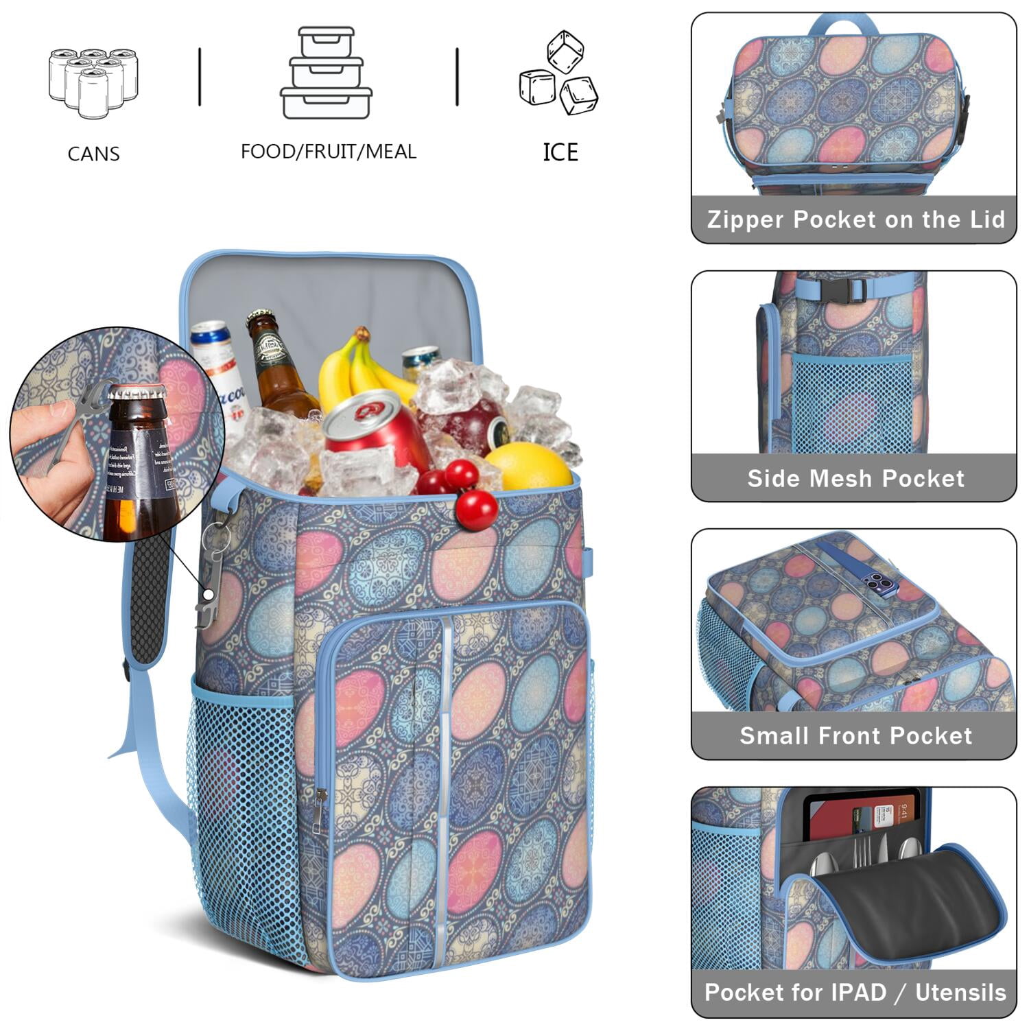 Travel Cooler Bag - Boho Bohemia Flower Camping Beer Cooler Backpack with Bottle Opener- Waterproof Insulated Picnic Backpacks - Cooler Bag for Beach