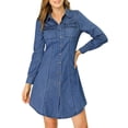 thumbnail image 2 of Allegra K Women's Bishop Sleeve Chest Pocket Casual Denim Shirt Dress, 2 of 6