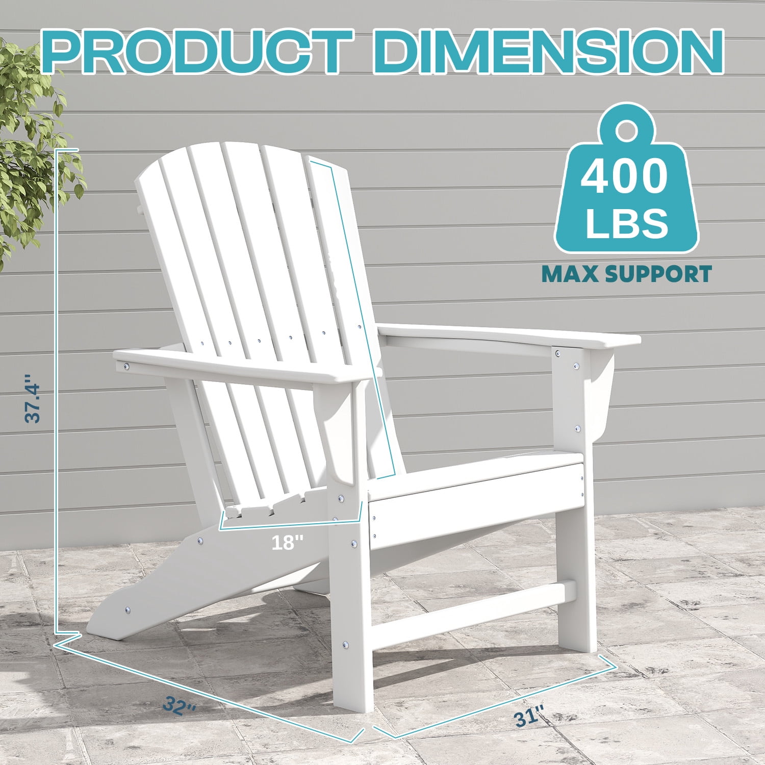 PIPOPA Outdoor Adirondack Chair, HDPE All Weather Patio Chair for Deck Backyard Garden, White