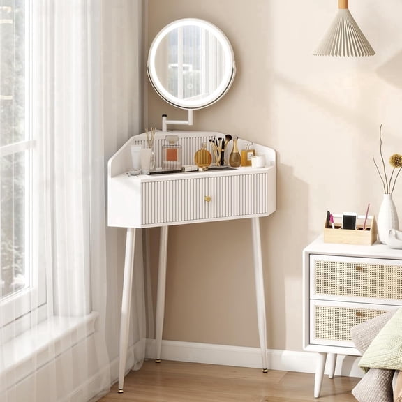 Corner Vanity Desk with Retractable and Rotating Mirror and Lights Small Modern White Makeup Vanity Set with Glass Top for Women Compact Girls Dressing Table with Storage for Small Space