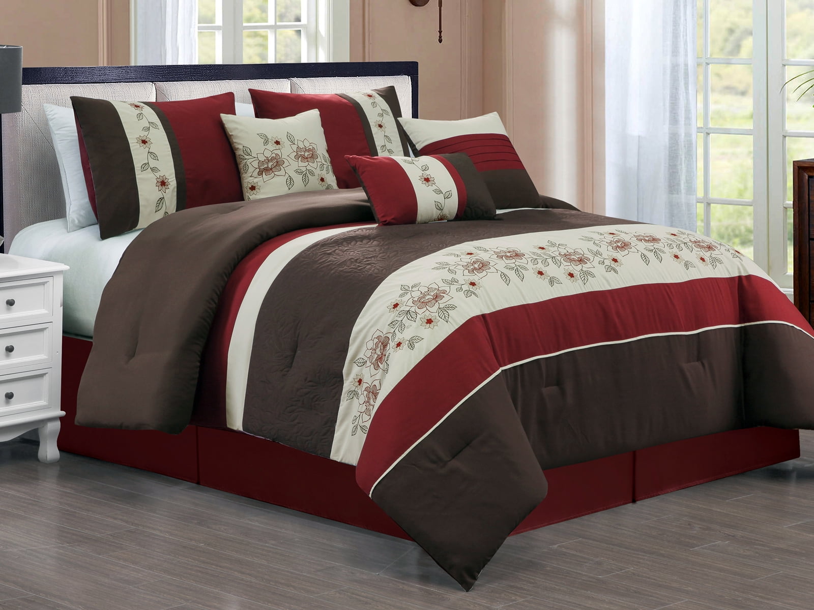 7 Pc Lotus Flower Embroidery Embossed Floral Comforter Set Burgundy Brown Beige Queen Walmart Com Walmart Com