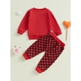 thumbnail image 5 of Kids Toddler Baby Boys 2-piece Outfit, 6 12 18 24 Months 2T 3T 4T Long Sleeve Letters Car Print Sweatshirt with Plaid Sweatpants Valentine’s Day Clothing Set, 5 of 9