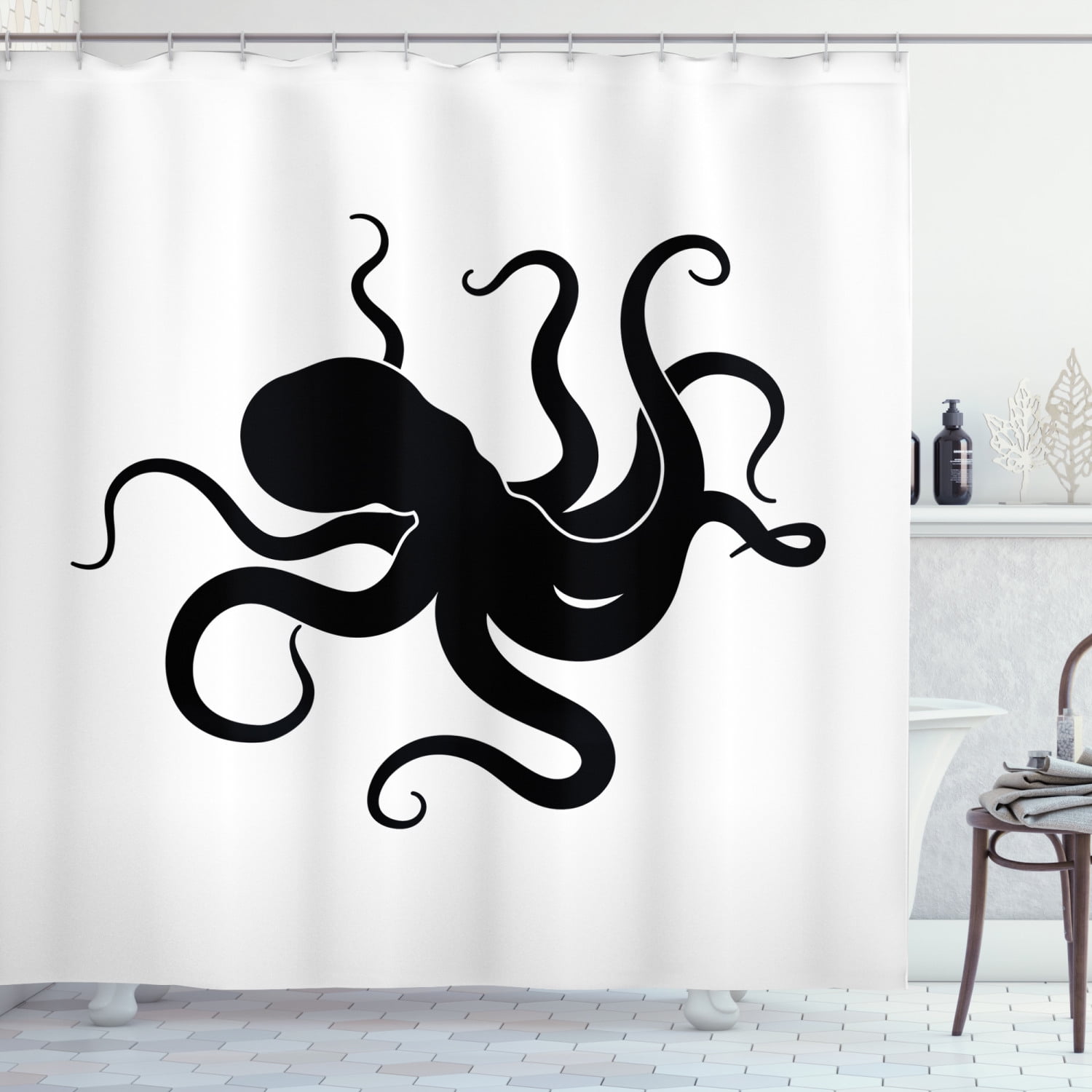 Blue Gray White Octopus with Sunken Ship Fabric Shower Curtain 