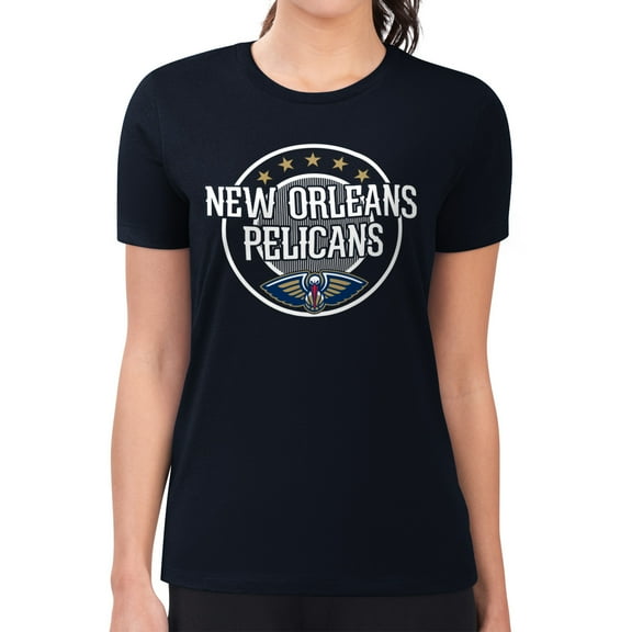 Women's G-III 4Her by Carl Banks Navy New Orleans Pelicans Super-Slim Lightweight Pinstripe Circle Graphic T-Shirt