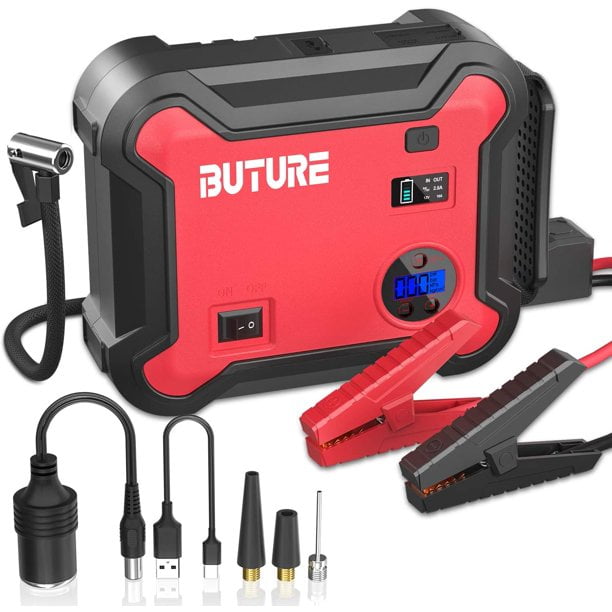 Fast Battery Charger 3.0 with 120W DC Out Digital Tire Inflator BUTURE 150PSI 2500A 23800mAh Battery Booster Pack All Gas/8.0L Diesel Emergency Light Portable Car Jump Starter with Air Compressor 