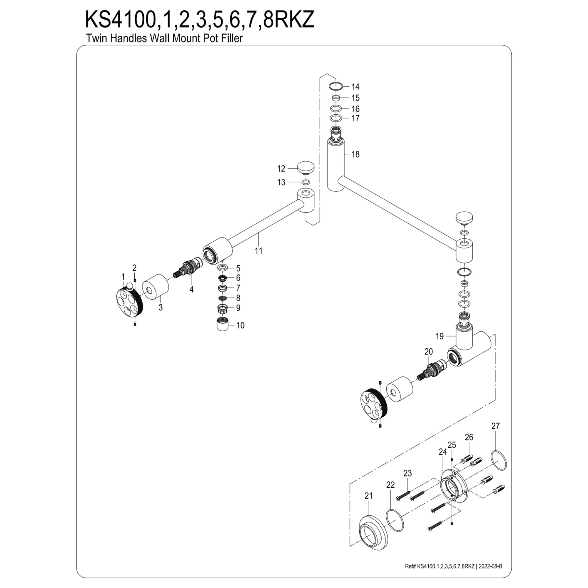 Kingston Brass KS4105RKZ Wendell Wall Mount Pot Filler Faucet with Knurled Handle, Oil Rubbed Bronze