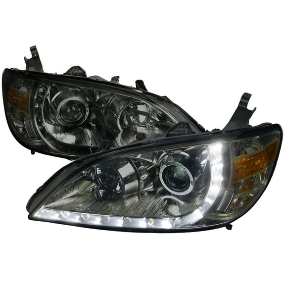 Projector Headlights w/ LED Light Strip (Chrome Housing/Smoke Lens) Made for and Compatible with 2004-2005 Honda Civic