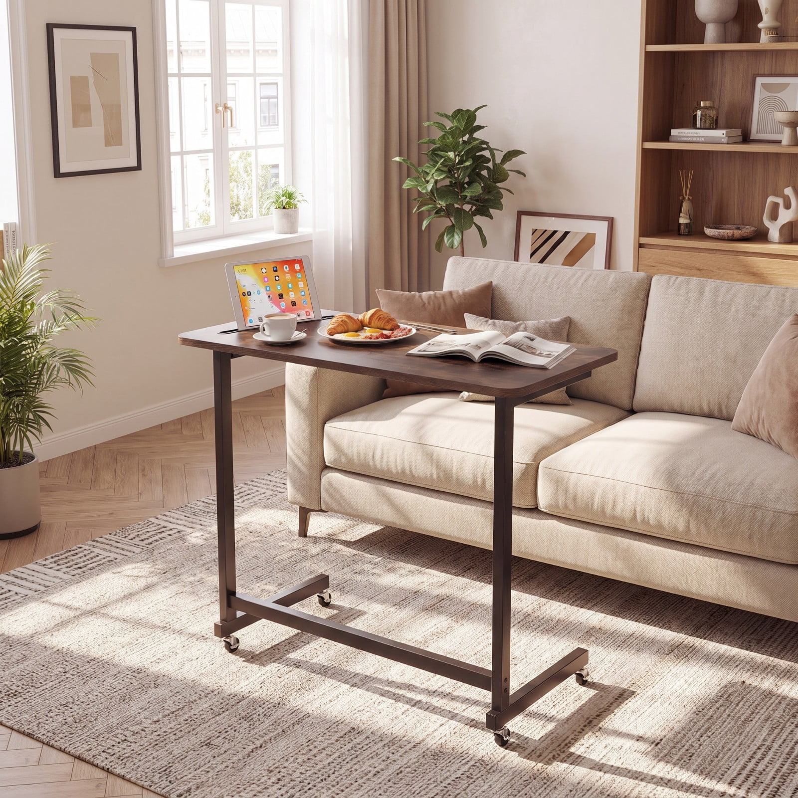 Furnibear Mobile Side Table and Rolling Laptop Desk Cart with Tablet Slot Locking Wheels and Metal Frame for Living Room and Bedroom, Rustic Brown