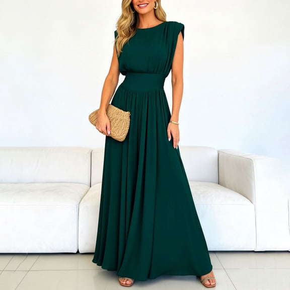 QUNYINEY Elegant Wedding Guest Dresses for Women Sleeveless Party Formal Maxi Dresses Summer Crew Neck Solid A Line Slim Fit Dresses