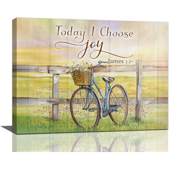 Country Bike Wall Art Colorful Flowers Bicycle Wall Decor Farmhouse Floral Today I Choose Joy Retro Decorations Canvas Painting Prints Framed Artwork for Bathroom Living Room Bedroom 16"x12"
