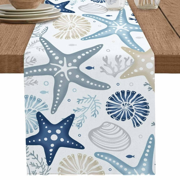 Starfish Blue Table Runner 120 Inches Long for Dining Table Decor,Coastal Conch Ocean Coral Fish Brown Burlap Linen Farmhouse Table Runner Coffee Table Runners Dresser Scarf for Kitchen Party Holiday