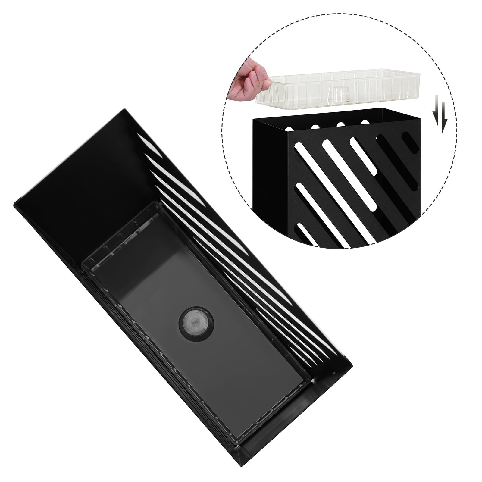 SONGMICS Metal Umbrella Stand, Rectangular Umbrella Holder Rack, with a Removable Drip Tray, 4 Hooks, Hollow-Out Design, for Entryway, Office, Black