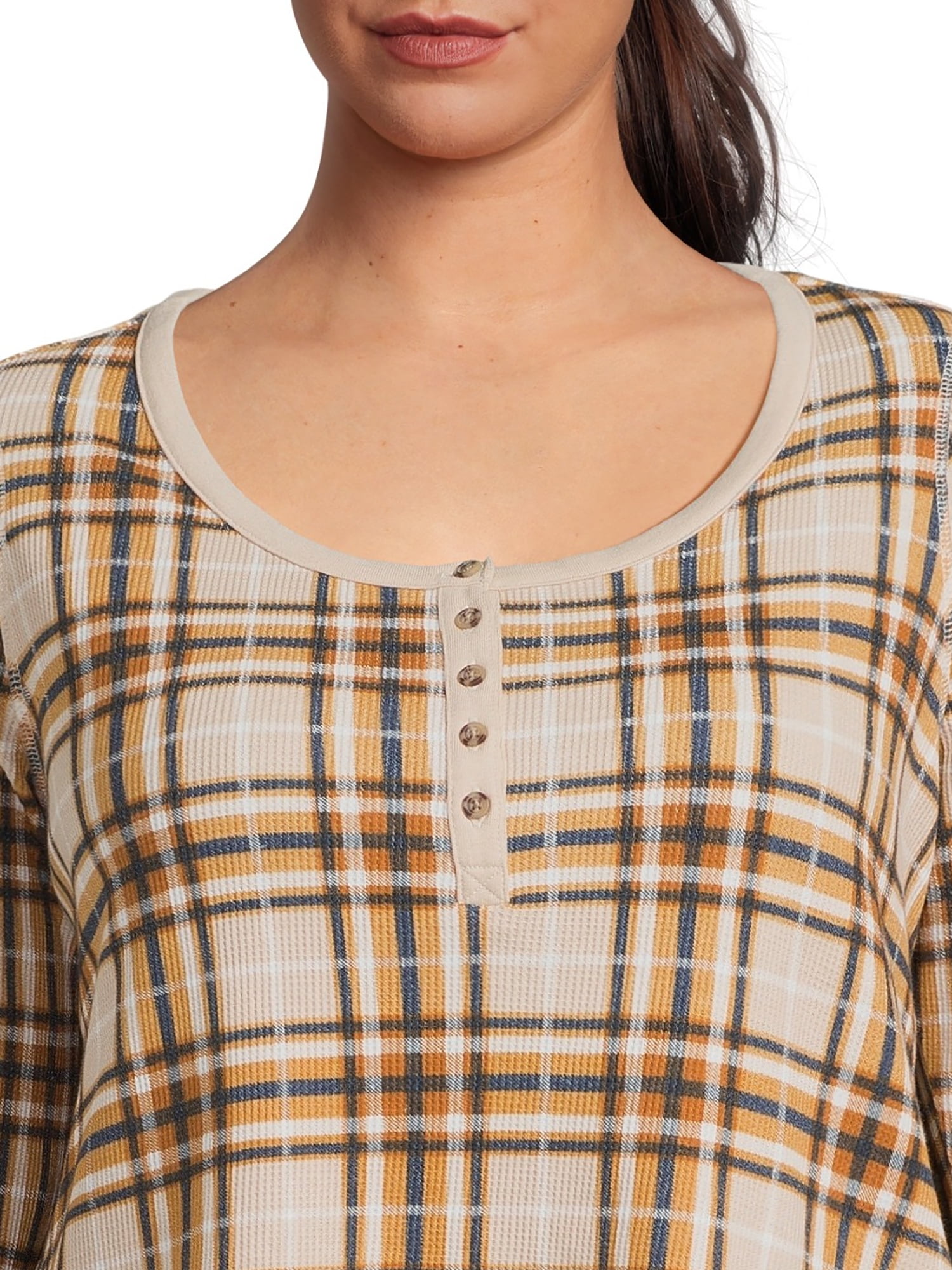 Terry & Sky Women’s Plus Size Henley Waffle Tee with Long Sleeves, 2- Pack