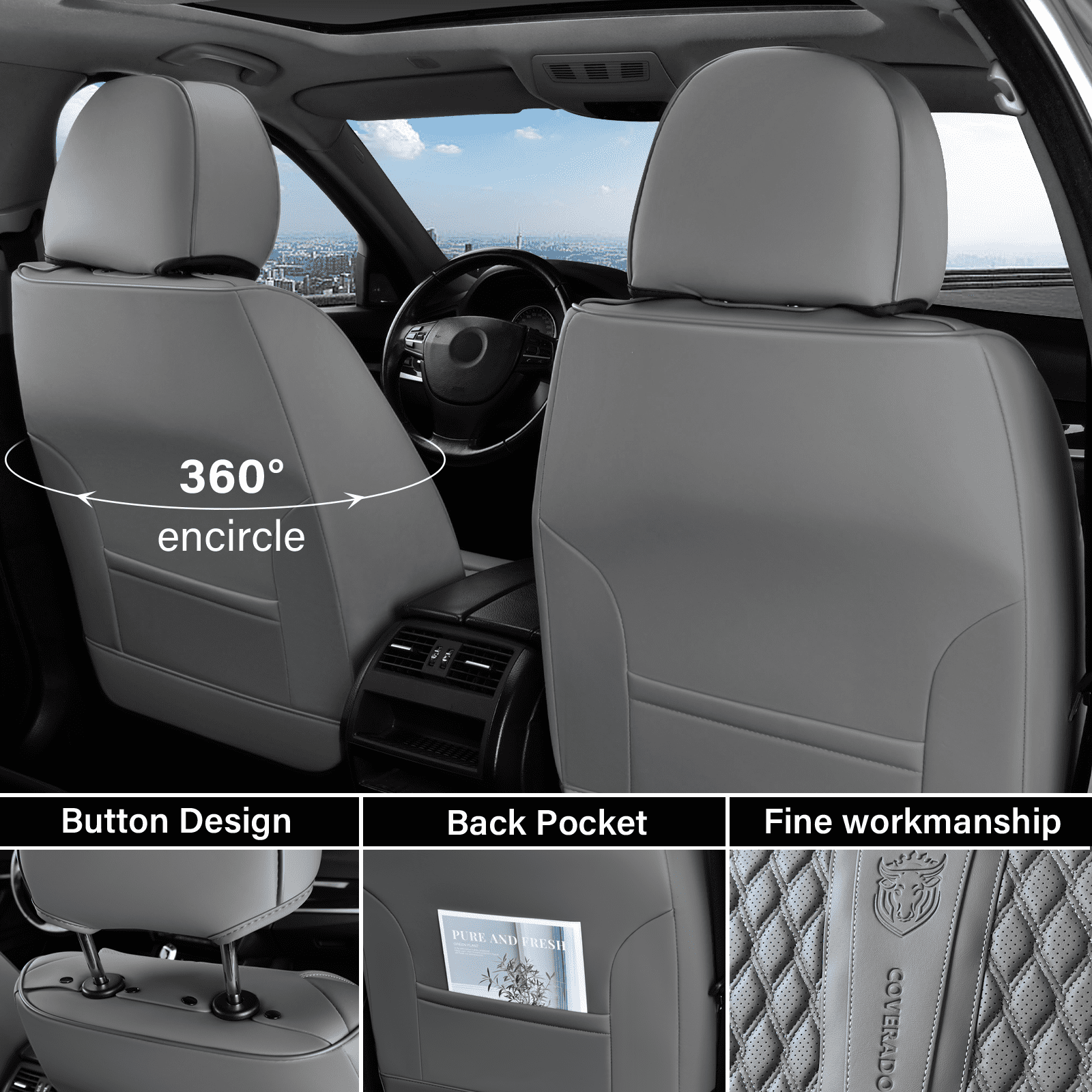 Coverado Gray Car Seat Covers Front, Waterproof Faux Leather Auto Seat Protectors with Lumbar Support, Luxury Automotive Interior Accessories Universal Fit Most Cars SUV Trucks