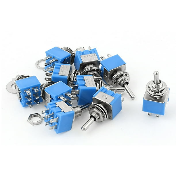 10Pcs AC 125V 6A 6Pin 3 Posiciones ON-OFF-ON Interruptor de palanca mini DPDT de 6mm de rosca azul