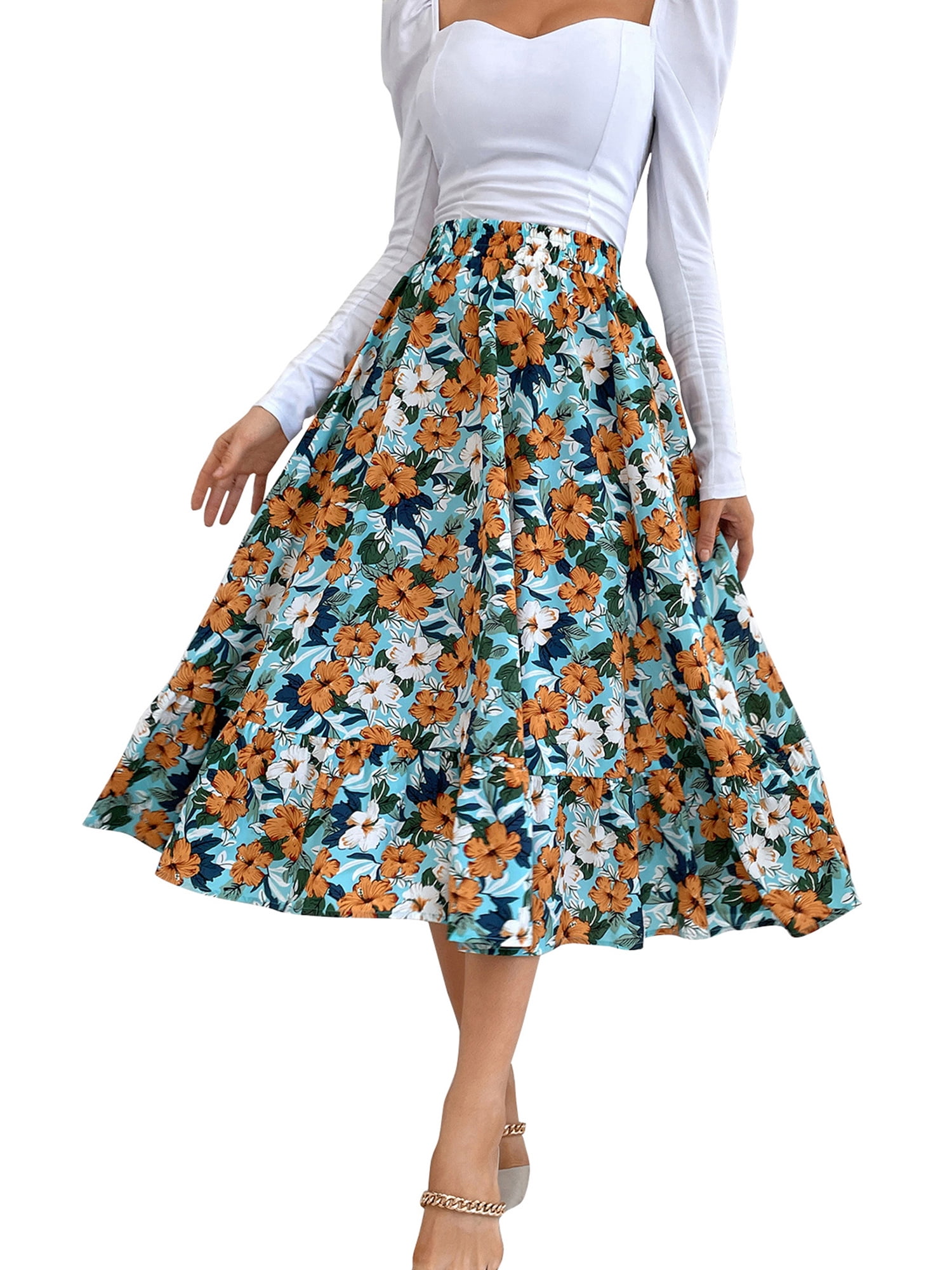 Womens Leopard Print Skirt Elastic High Waisted Chiffon A-Line Pleated Midi Swing Skirts 