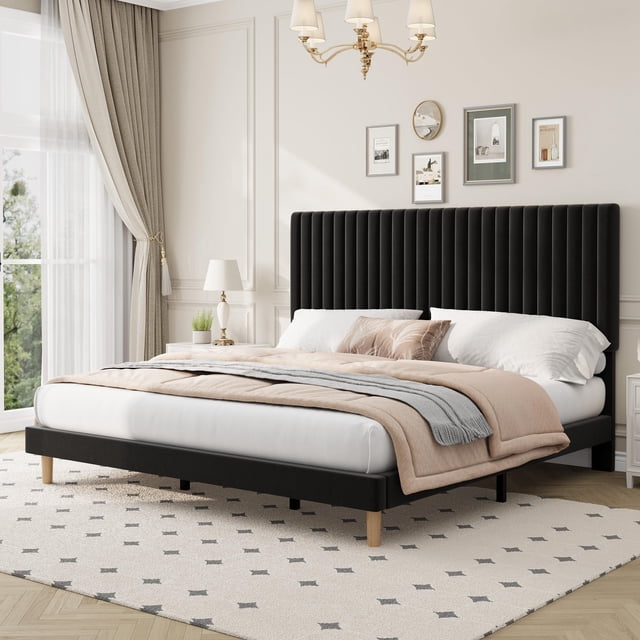 AKDSteel Velvet Upholstered Platform Bed Frame With Adjustable Headboard, Vertical Channel Tufting And Strong Wooden Slats, No Box Spring Needed