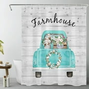 HVEST Farmhouse Shower Curtain for Bathroom Decor, Blue Retro Truck and White Cotton Shower Curtain with Hooks, Grey Rustic Plank Polyester Waterproof Fabric Bath Decor Accessories,60 X 72 Inches
