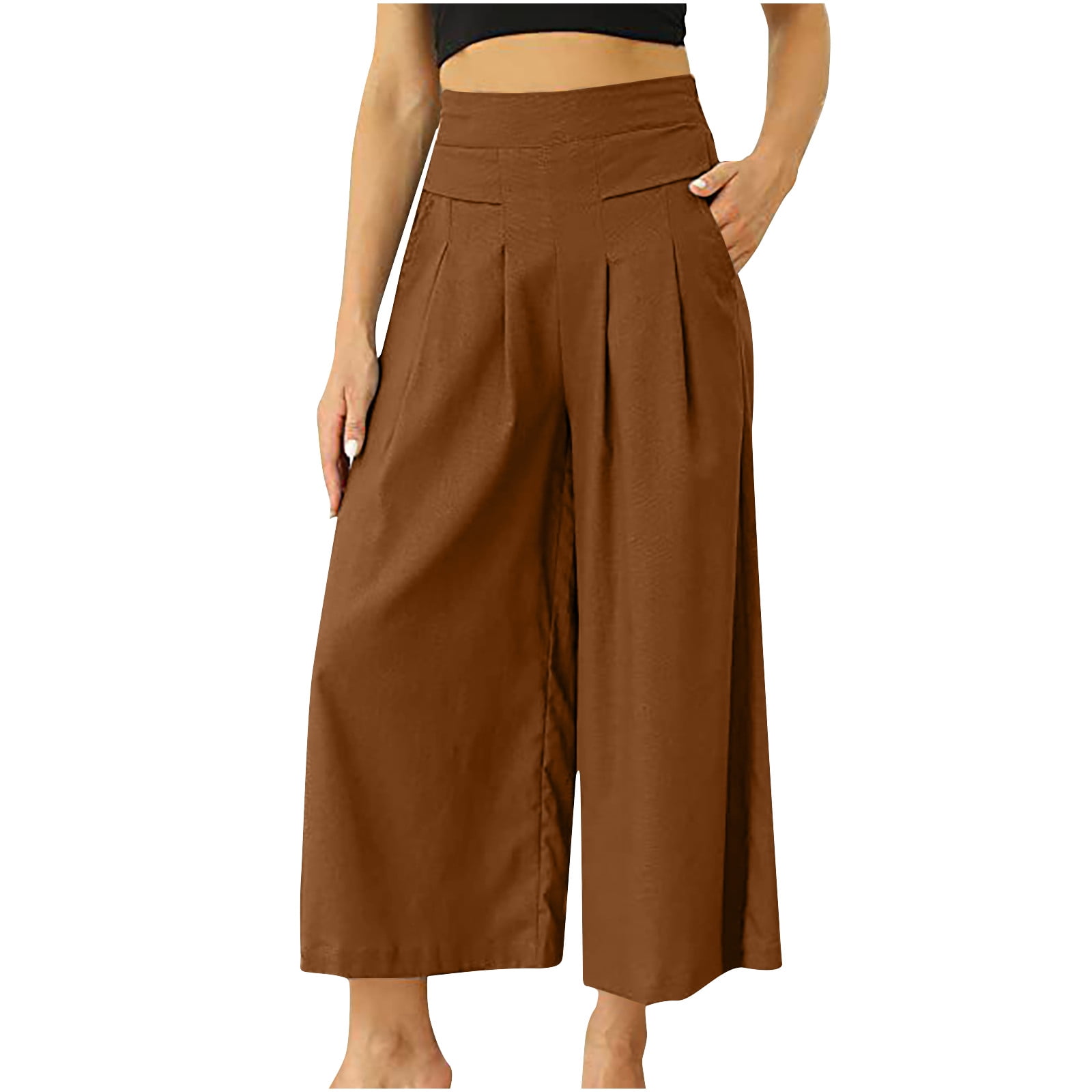 CZHJS Women's Solid Color Crop Pants Clearance Baggy Slacks Capris Light  Weight Fit Elastic Waist Wide Leg Beach Trousers with Pockets Comfy Fashion