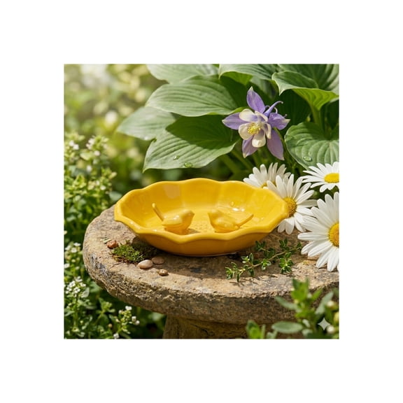 Ceramic Bird Feeder for Outdoors - Flower Bowl Bird Bath Style, Floor Bird Feeder for Garden and Yard Tabletop or Ground - Decorative Accent for Feeding Wild Birds in Outdoor Spaces - 2", Yellow