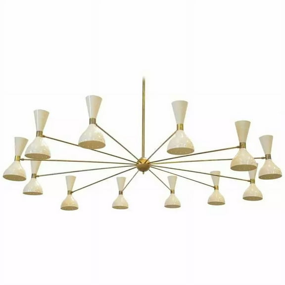 M H OVERSEAS Large Italian Chandelier – Stilnovo Style Mid Century Brass & White, 12-Arms Ceiling Fixture, Retro Luxury Lighting for Living Room & Dining Room