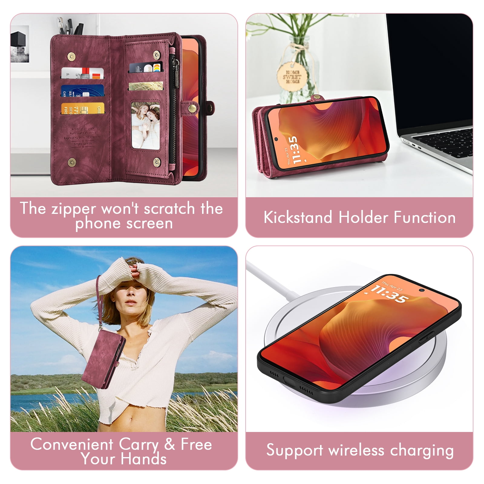 Asuwish Phone Case for Motorola Moto G15 4G Lte Zipper Wallet Detachable Cell Cover with Tempered Glass Screen Protector Crossbody Lanyard Strap Flip Card Holder MotoG15 G 15 XT2521-2 Women Girls Red