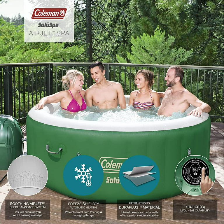 Coleman SaluSpa 6 Person Round Portable Inflatable Outdoor Hot Tub Spa with  140 Air Jets, Cover, and Pump, Green
