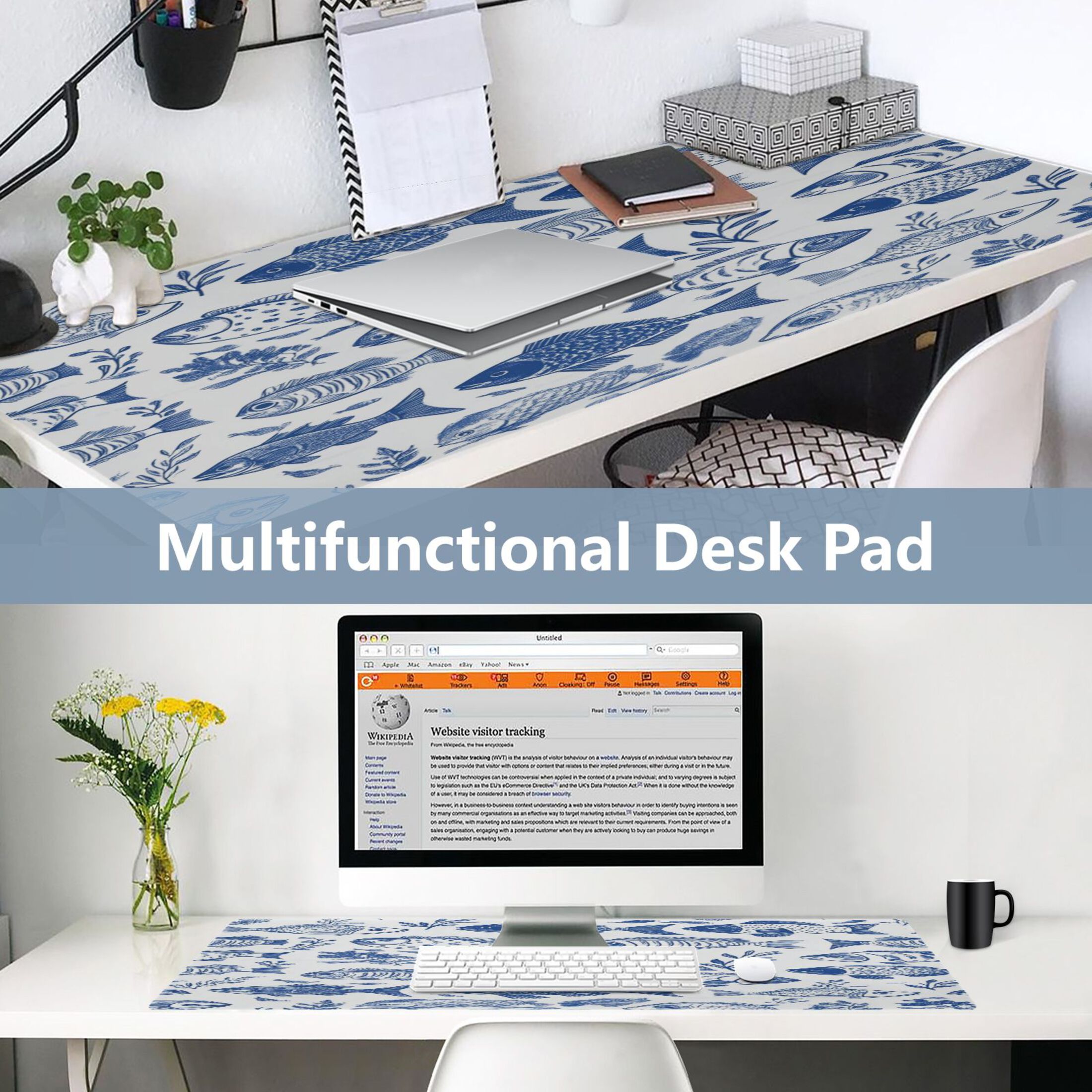 Leather Keyboard and Mouse Desk Mat Office Desk Accessories Protective Office Desk Decor Desk Pad Mat for Gaming, Work from Home, Office Hand-drawn Fish 16.5" x 35.4"
