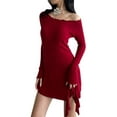 thumbnail image 4 of AherBiu Long Sleeve Dress for Women off Shoulder Basic Layer Black Dress Side Ruffle Slim Mini Dresses, 4 of 6
