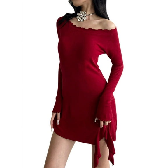 Sentmoon Cold Shoulder Cutout Dress Long Sleeve Off Shoulder Fall Dresses for Women 2024 Ruffle Peplum Solid Color Short Dresses,Plus Size Workout A-line Dresses Red May s Pri