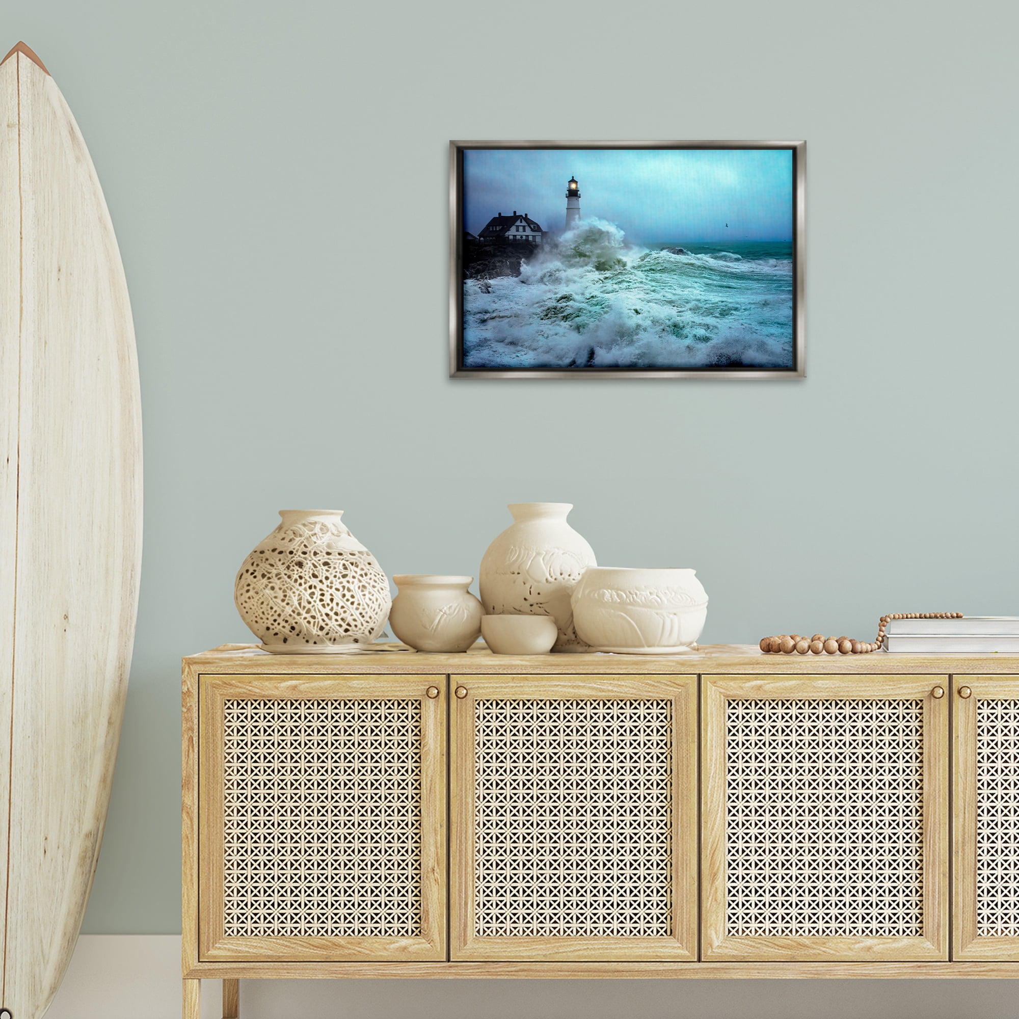 Stupell Industries Tall Splashing Waves Lighthouse Nautical & Beach Photography Gray Floater Framed Canvas Art Print Wall Art, 25 x 17