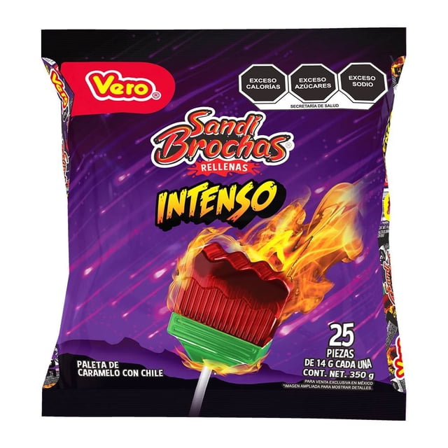 paleta vero sandibrocha intenso 25 piezas bolsa 350 g vista frontal del empaque morado con logo Vero, texto Sandibrochas Rellenas INTENSO y dibujo de una paleta roja con cubierta de chile y base verde entre llamas; indica 25 piezas y paleta de caramelo con chile.