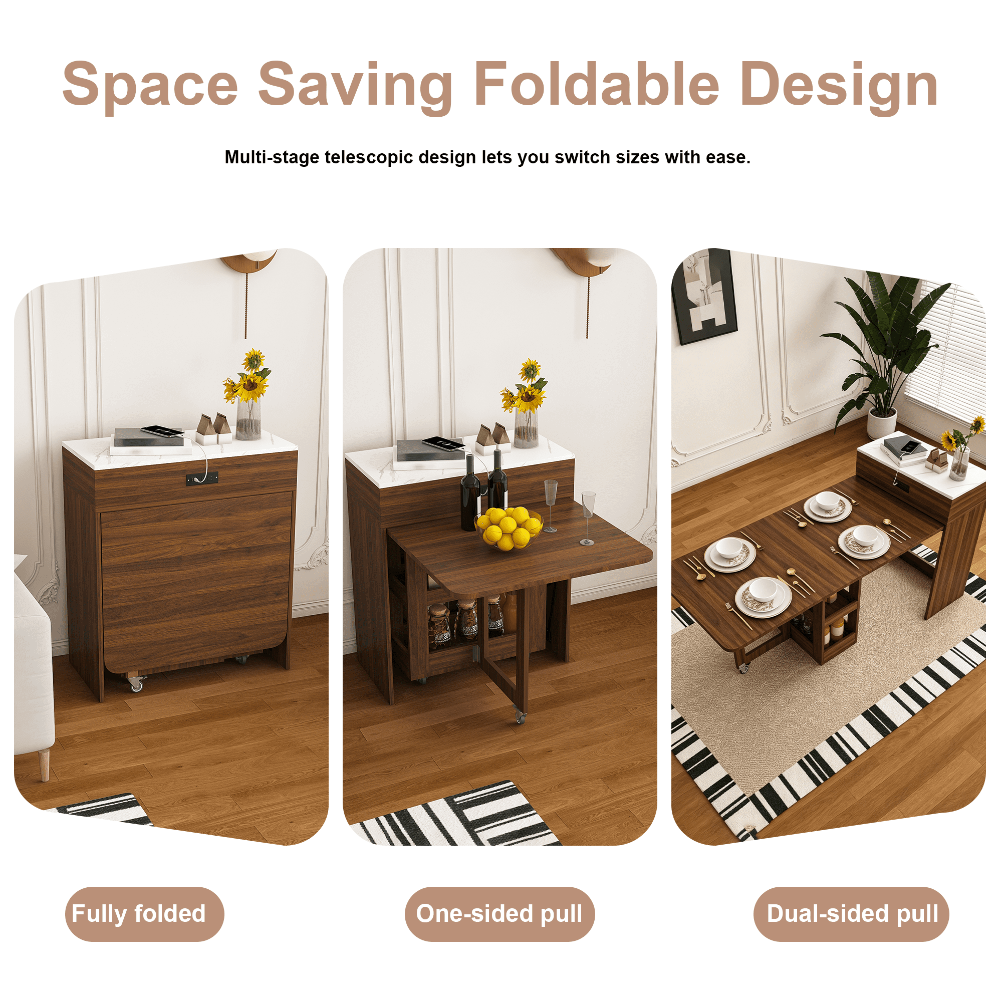 Mintazer Expandable Rolling Kitchen Island Dining Table with Power Outlet, Multi‑Mode Telescopic Folding Table with Lockable Casters & Storage Compartments for Small Apartment, Walnut