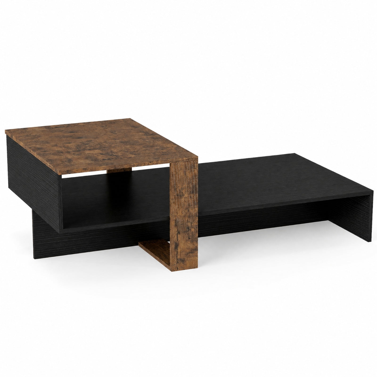 Furnibear 2 Tier Modern Irregular Coffee Table with Open Storage Shelf and Geometric Silhouette for Living Room for Home and Living Space, Black