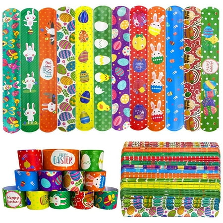 Jofan 48 PCS Easter Slap Bracelets Toys for Kids Boys Girls Toddlers Easter Basket Stuffers Egg Fillers Gifts Party Favors
