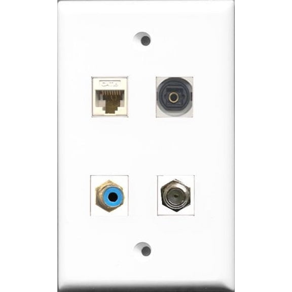 RiteAV 1 Port RCA Blue and 1 Port Coax Cable TV- F-Type and 1 Port Toslink and 1 Port Cat6 Ethernet White Wall Plate