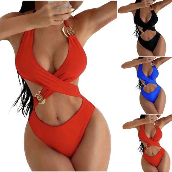 Erwazi One Piece Swimsuits for Women Solid Slim Monokini Padded Casual Vacation Pool Swim Bathing Suit