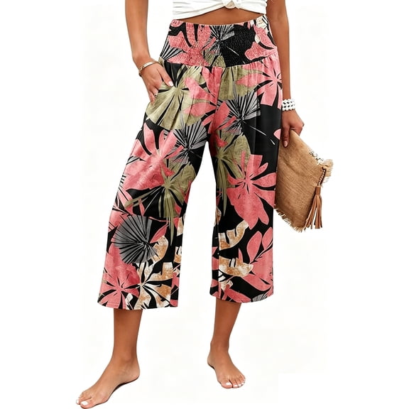 VDJ Flowy Pants for Women High Waist Loose Casual Pazazzo Capris Summer Fall Wide Leg Lounge Pants Floral Pull On Trousers Size XL