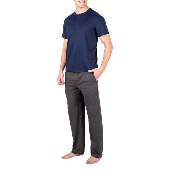 SLEEPHERO Mens Short Sleeve Pajama Set 2 Piece Mens Sleepwear Set with Henley Top and Pants Charcoal Heather Grey w/ Navy Medium