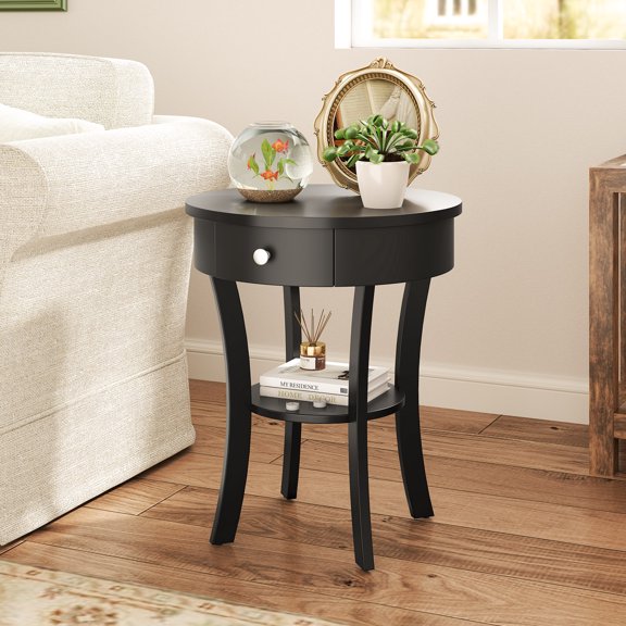Spaco 2-Tier Wood Round End Table with Open Drawer, Side Table, Black