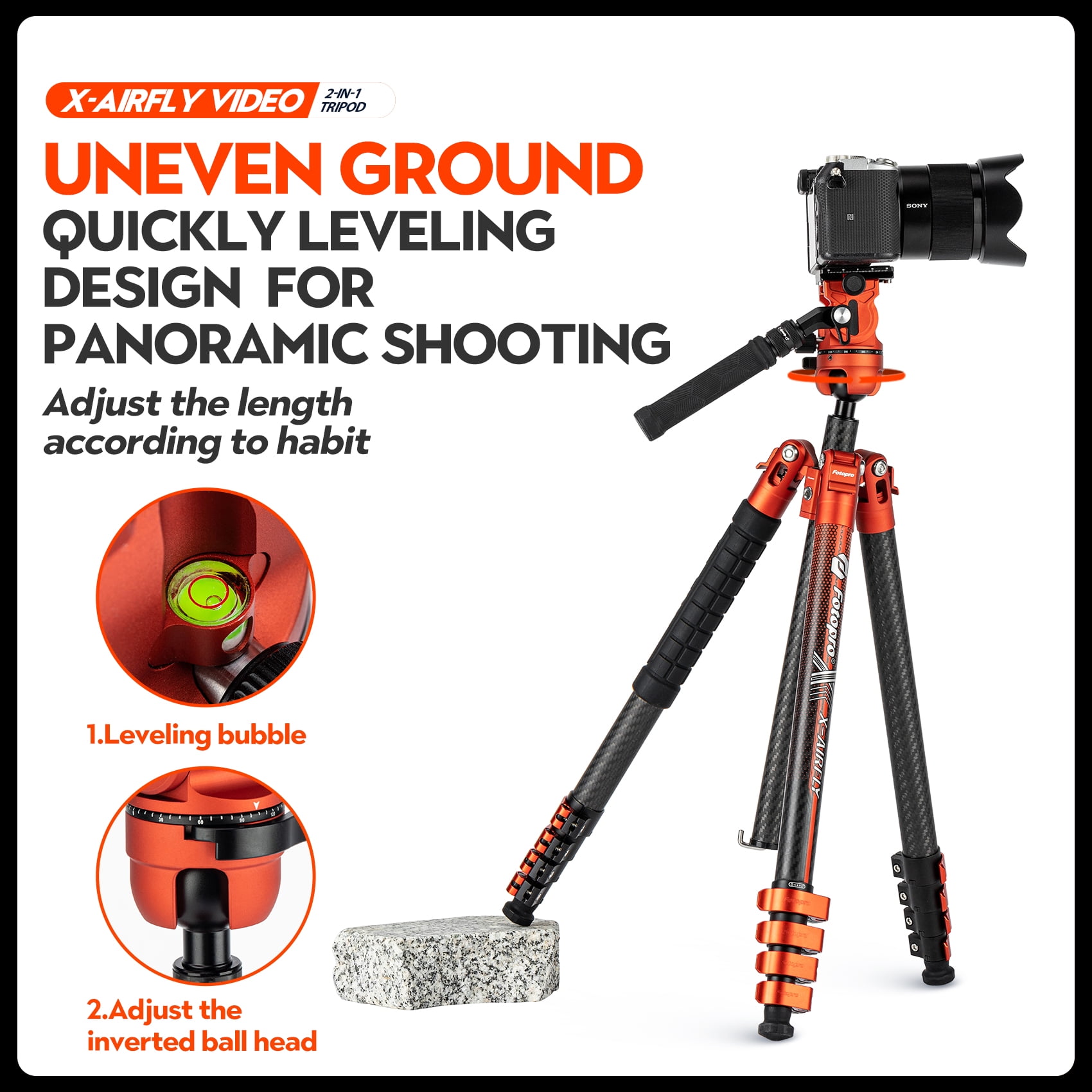 Fotopro X-Airfly Video 64.6" Carbon Fiber Tripod with Ball Head & Fluid Head, 5-Sec Lightweight Compact Camera Tripod Stand for Travel, Low Angel Shooting, Hidden Phone Clip, Max Load 10 lbs, Grey